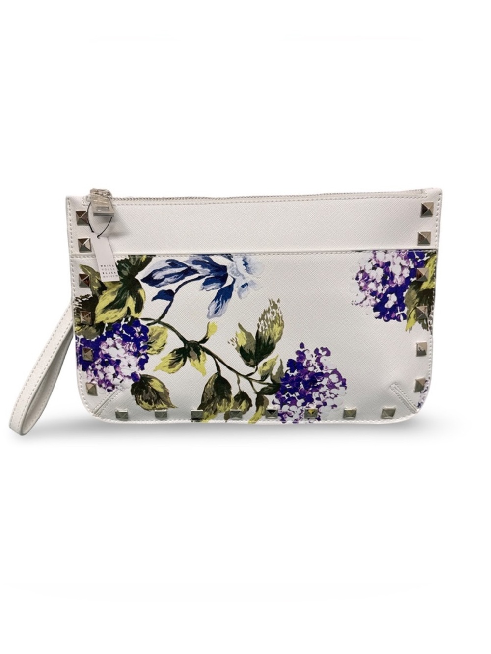 White House Black Market Floral White Wristlet Clutch with Stud Accents